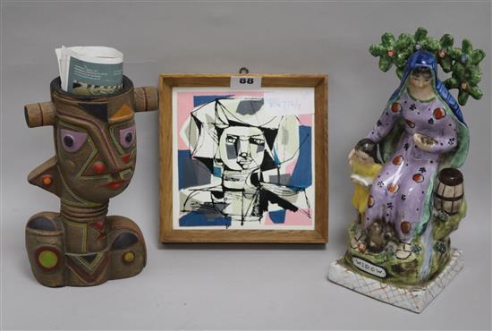 A cubist style pottery vessel, an artist design tile and a group